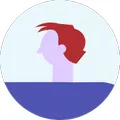 A circular illustration of a stylized human head with short red hair, depicted in a minimalist design against a light background. The lower half features a solid color, suggesting water or a similar element.
