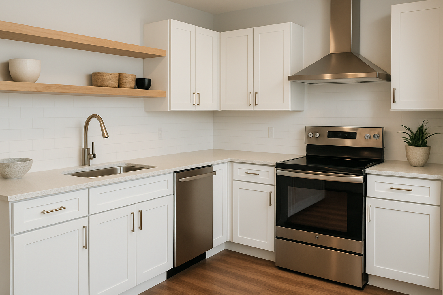 Kitchen remodeling with new shelves, flooring, and fixtures for a fresh, modern look.