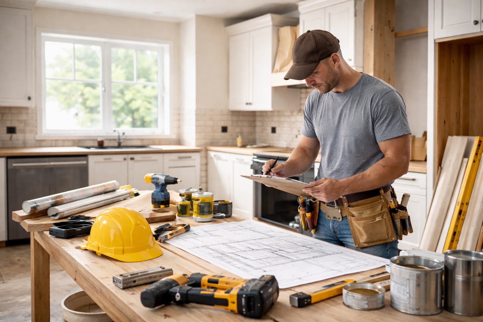 Renovation contractor coordinating a home improvement project with organized tools and materials inside a residential home in Brownsburg, IN.