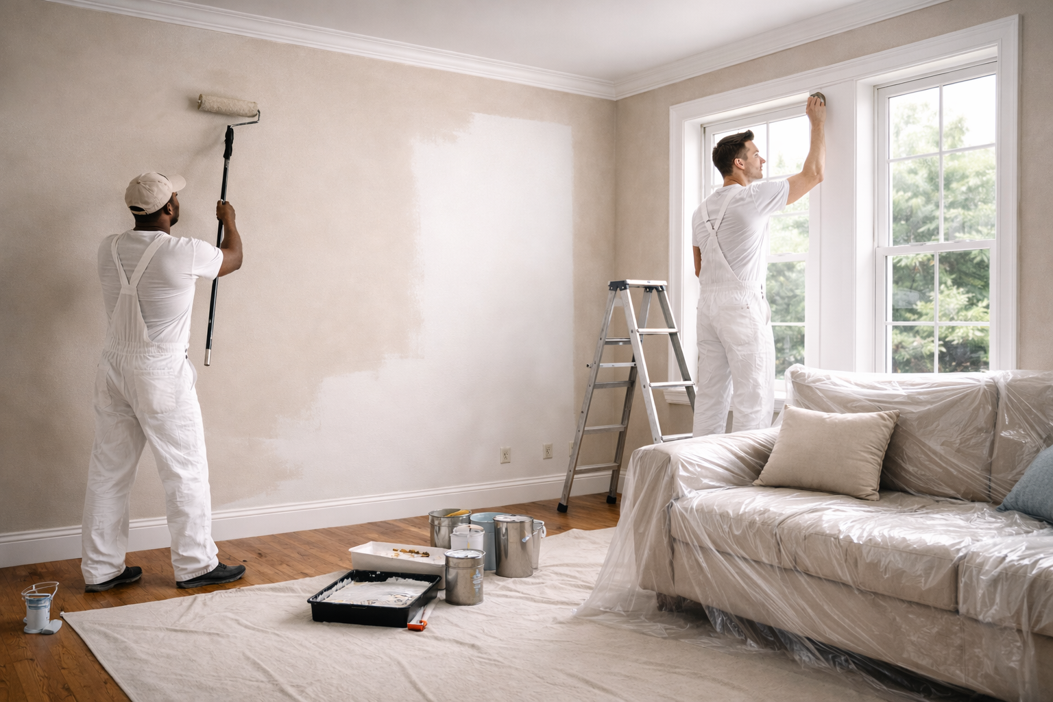 Professional painting services applying smooth interior wall paint with clean trim lines in a modern Brownsburg home.