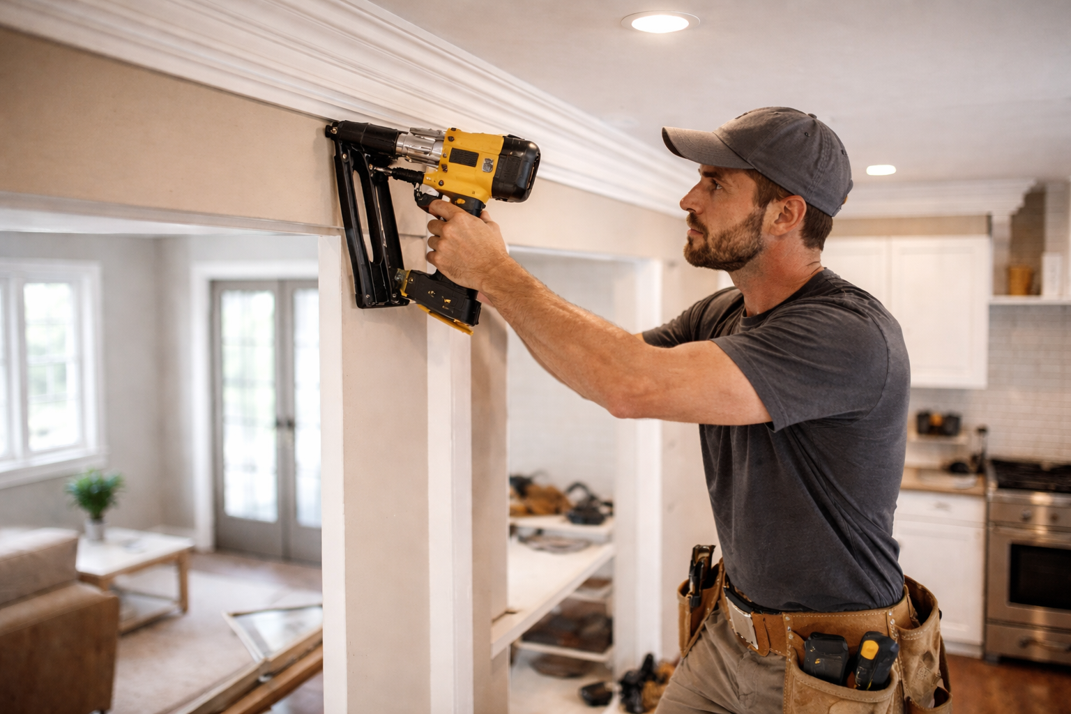 Home renovation professional completing detailed finishing work during a residential remodeling project.