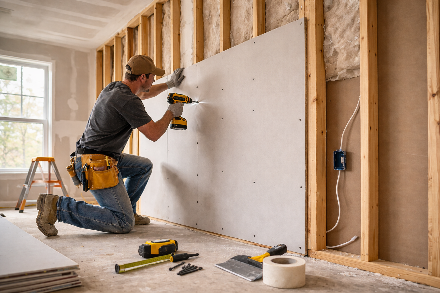 Drywall services installation process, securing drywall panels for strong interior walls.