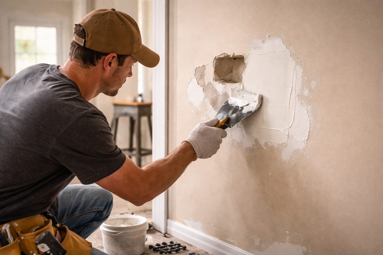Drywall services, repair, and patching damaged drywall wall surface with joint compound.